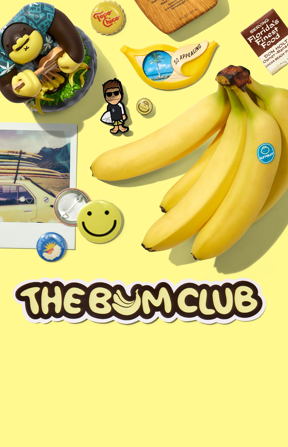 The Bum Club loyalty program banner with bananas on a yellow background